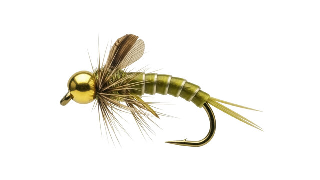 Olive nymph fly fishing lure isolated PNG, artificial bait for trout and salmon fishing on transparent background