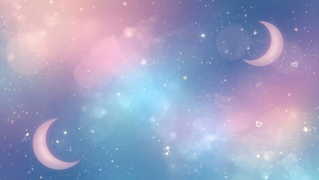 Dreamy celestial night sky with crescent moons and sparkling stars in pastel colors