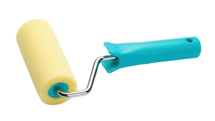 Yellow foam paint roller with blue handle isolated PNG, painting tool for home improvement and DIY projects on transparent background