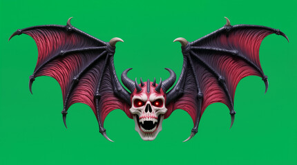 A skull with red wings and horns is set against a bright green background. This design is suitable for Halloween decor, costume design, or themed illustrations.