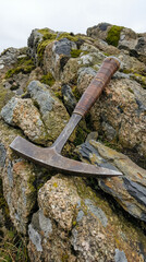 A tool is placed on a rocky area covered with moss and lichen. The setting shows a rugged environment near a coastline under a cloudy sky. This spot is ideal for outdoor exploration and work