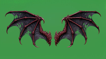 Two sets of dragon wings rest on a bright green surface. The wings feature dark colors with red accents. The setting is an artist's studio focused on fantasy art creation and design