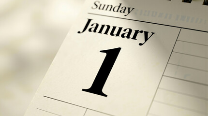 A calendar page displays the date January 1, which falls on a Sunday. The layout includes a clear view of the number one and the day of the week. This image shows the start of a new year