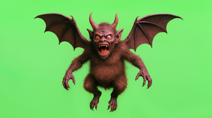 A creature with bat-like wings and sharp claws is shown in a green background. The figure has exaggerated facial features and a fierce expression, suggesting it is mid-action