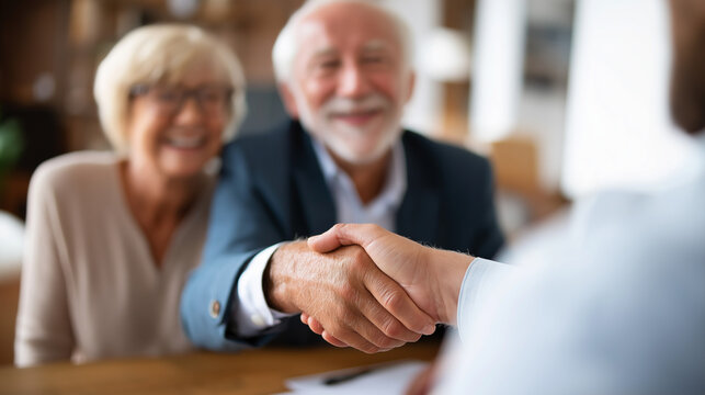 Faceless senior happy couple with documents and handshake heavily defocused home background anonymous elderly man woman shaking hands with financial advisor retirement annuity