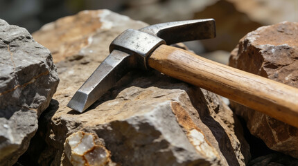 A hammer is placed on a pile of rocks outside. The sunlight shines on the tool and stones. Workers may use the hammer to break the rocks for construction projects
