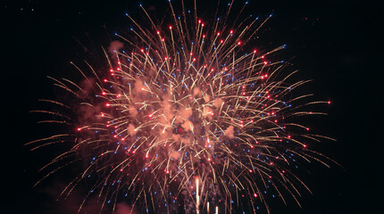 Fireworks explode in vibrant colors during a summer festival in a city park. People gather to watch the display, enjoying the excitement and energy of the night