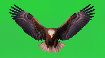 An eagle soars in the sky with its wings fully extended. The eagle's feathers display a mix of brown and white colors. A bright green background highlights the bird in flight