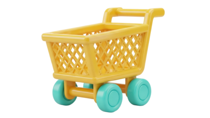 Yellow toy shopping cart PNG isolated on transparent background, miniature trolley for kids play and retail concepts