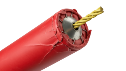 Red dynamite stick isolated PNG, explosive device with yellow fuse on transparent background, dangerous weapon for demolition and destruction