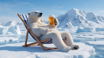 A polar bear sits back in a deck chair on a piece of ice. The bear holds a glass of beer. Snowy mountains rise in the background under a clear blue sky. It is a bright day in a cold environment