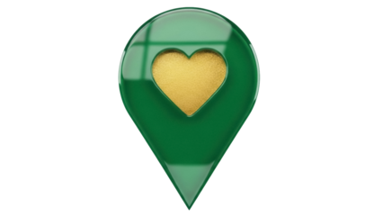 Green map pointer with golden heart isolated PNG, location pin for travel and navigation on transparent background