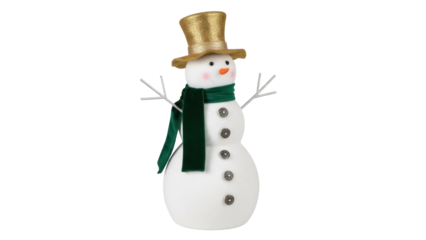 Festive snowman with golden hat and green scarf isolated PNG, winter holiday decoration for Christmas and New Year design projects