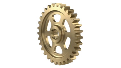 Golden gear wheel isolated PNG, cogwheel machinery component for engineering, manufacturing, and industrial design projects