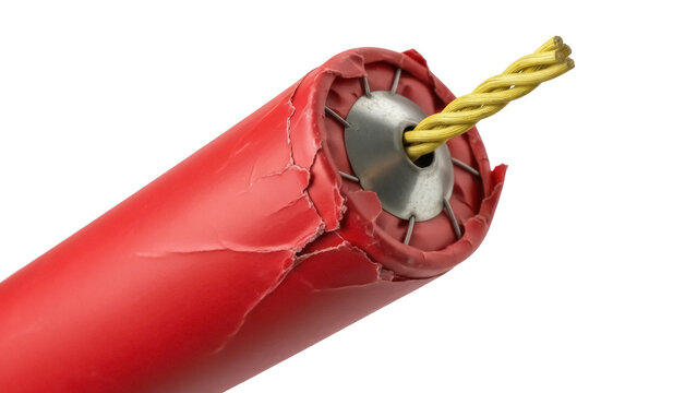 Red dynamite stick isolated PNG, explosive device with yellow fuse on transparent background, dangerous weapon for demolition and destruction