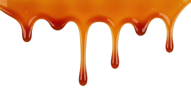 Delicious caramel sauce dripping isolated PNG on transparent background, sweet dessert topping for food design and confectionery use