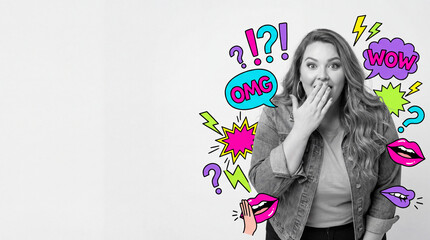 Surprised woman expressing excitement with colorful speech stickers  