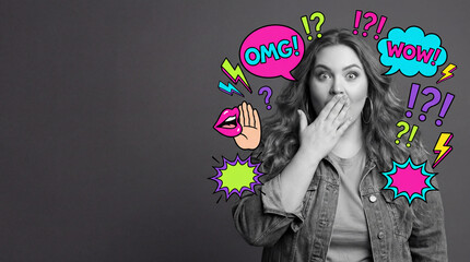 Surprised woman expressing shock with colorful stickers against gray  