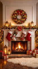 Warm light shines from the fireplace, surrounded by festive stockings and a Christmas wreath. Wrapped presents sit beneath the mantle, adding to the cheerful holiday atmosphere in the room