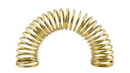Golden metal spring isolated PNG on transparent background, flexible coiled wire for industrial design and mechanical engineering projects