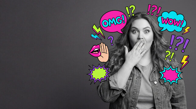 Surprised woman expressing shock with colorful stickers against gray  