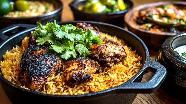 Delicious chicken biryani served in a cast iron pot with cilantro garnish.