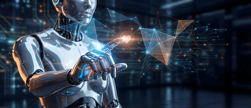 Female Robot Touching Heart Symbol Displayed on Digital Screen with Network Connection Representing Artificial Intelligence, Human Love and Technological Advancement