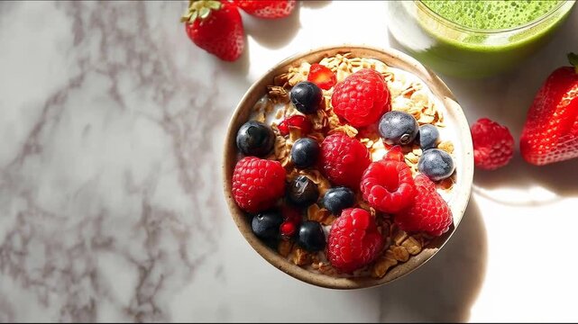 Healthy Granola Bowl with Yogurt and Berries and Green Smoothie on Marble Table Top View Sunlight Timelapse