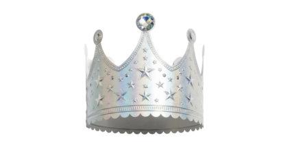 Silver holographic crown with stars isolated PNG on transparent background, princess party decoration for birthday and celebration