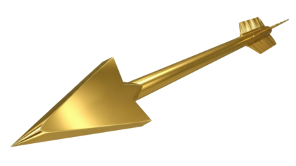 Golden arrow PNG isolated on transparent background, ancient weapon for archery and medieval fantasy concepts