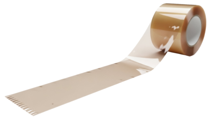 Transparent packing tape roll PNG isolated on transparent background, adhesive packaging material for shipping and sealing boxes