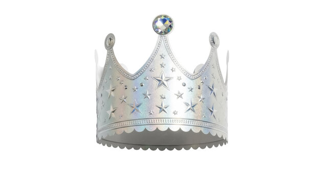 Silver holographic crown with stars isolated PNG on transparent background, princess party decoration for birthday and celebration