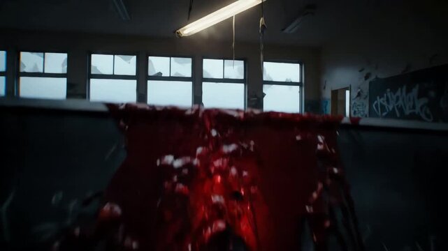 A dark and eerie abandoned school classroom in ruins with blood dripping down the blackboard in a horror scene