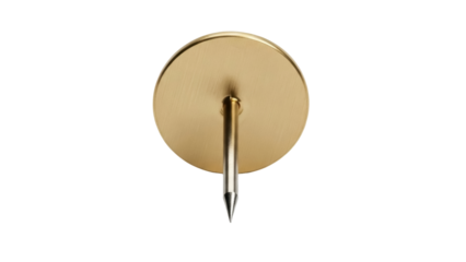 Brass push pin isolated PNG on transparent background, golden thumbtack for office supplies and bulletin boards, notice board