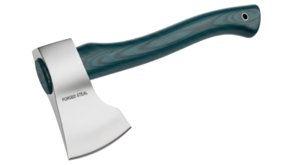 Forged steel axe with green handle isolated PNG, camping tool for outdoor activities and survival gear on transparent background