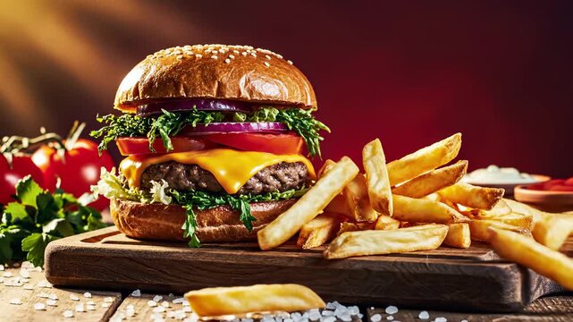 Gourmet beef cheeseburger with fresh lettuce, tomato, onion, and melted cheese served on a rustic wooden board with crispy falling french fries and dipping sauces.