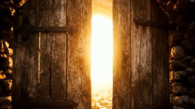 Magical ancient wooden door opening to a bright glowing fantasy forest
