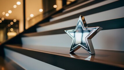 Shiny chrome star on wooden stair step award celebration success business achievement leadership