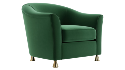 Elegant green velvet armchair isolated PNG, modern furniture with golden legs for living room interior design