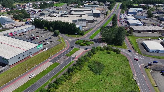 Aerial view of the Larne road Roundabout over the M2 Motorway at Ballymena Town County Antrim Northern Ireland 12-09-2025