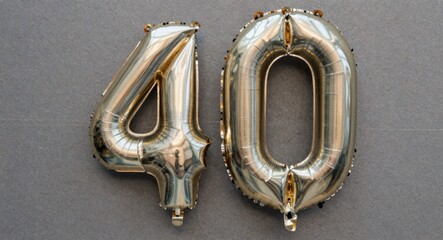 Golden Foil Number 40 Balloons Against a Grey Textured Wall