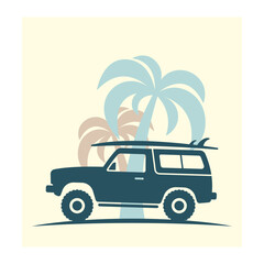 SUV with a surfboard and palm trees. Colored silhouette. Front and side view. Vector simple flat graphic illustration. Isolated object on a white background.