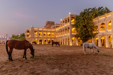 Evening view of Horse stables at Souq Waqif market in Doha, Qatar