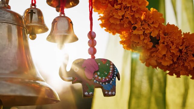 Traditional Indian brass bells and a colorful elephant ornament hanging with marigold garlands during a festive celebration at sunset.