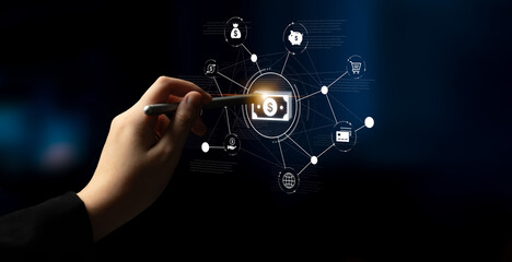 A fintech concept showing a network of digital banking services. This includes secure online payments, global transactions, and e-commerce for the modern financial system. Fermion