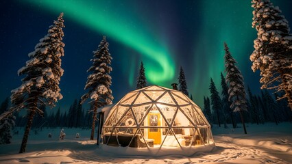 Glass igloo dome in winter landscape for aurora borealis northern lights travel vacation experience