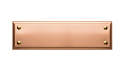 Blank copper metal plate isolated PNG, name tag with rivets for signage and labeling on transparent background