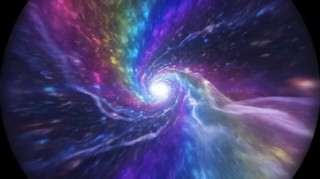 Futuristic journey through a colorful rainbow space wormhole tunnel with vibrant swirling nebulae and stars in a seamless loop animation.