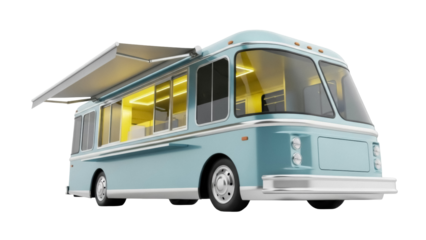 Light blue food truck PNG isolated on transparent background, vintage mobile kitchen for street food business and catering services