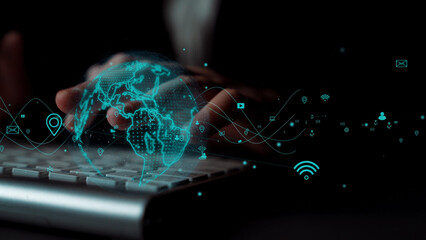A captivating image showcasing a person hands interacting with a keyboard, surrounded by a virtual world map and digital symbols representing connectivity and communication. Xenic